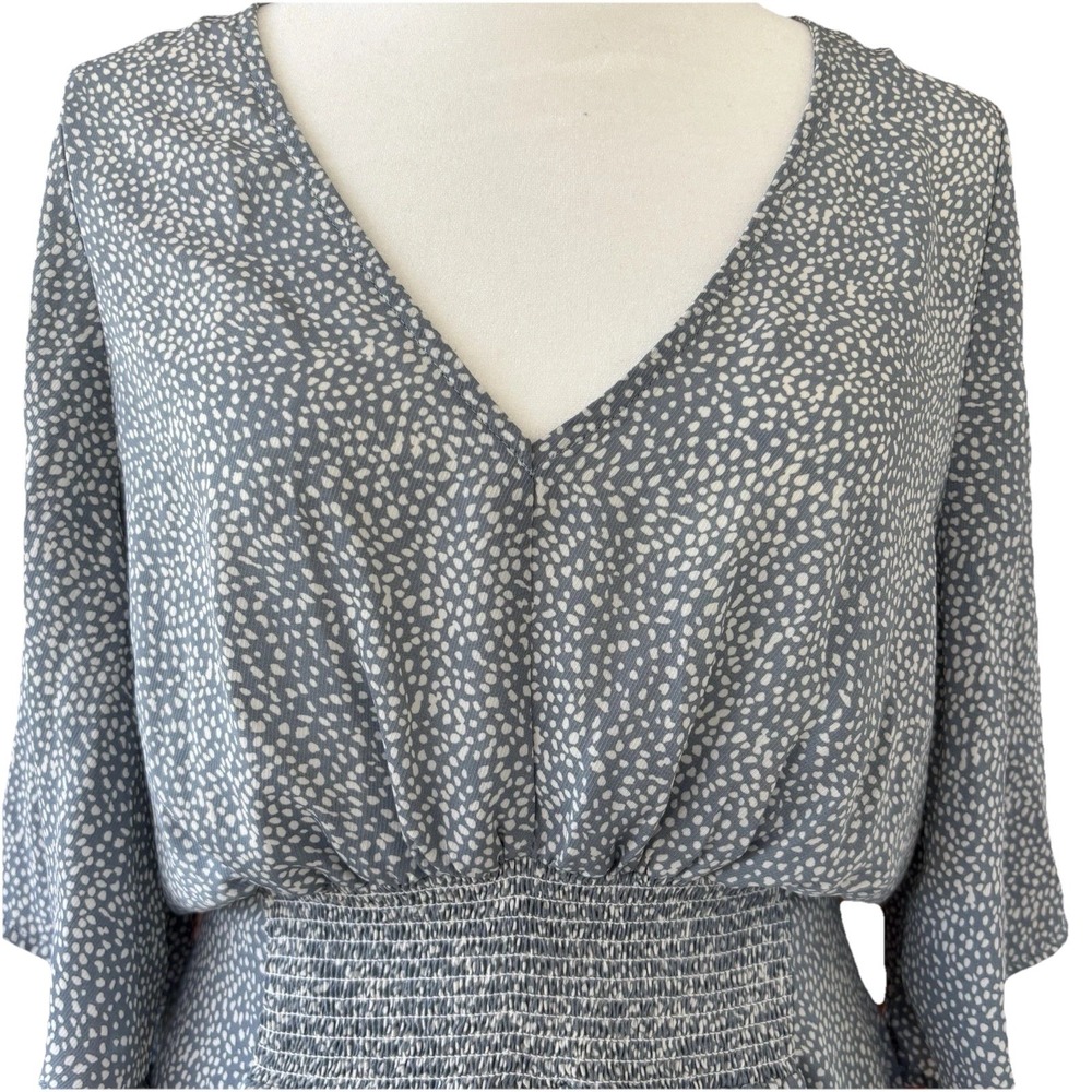 Promesa Smocked Dress Women's M Muted Blue White Dots Flowy Prairie Romantic - Picture 2 of 9